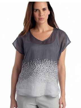 Eileen Fisher Dapple Print Ramie Sheer Boxy Top Gray White XL Oversize Lagenlook